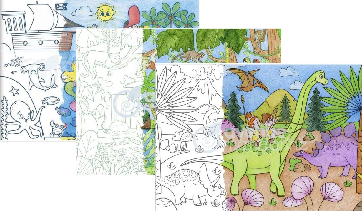 Omalovánky - Moře+džungle+ dinosauři - 3x arch 50x35cm